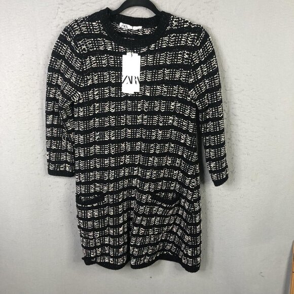 Zara Sweater Dress Womens Medium Black Knit Pockets 3/4 Sleeve ART 2142/049/330 - Picture 1 of 16